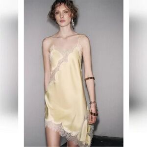 Zara butter yellow asymmetrical silk Lace Trim Slip Dress